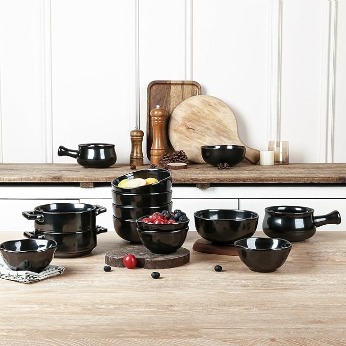 vicrays Ceramic Soup Bowls with Handles, 24 Oz Porcelain Soup Crocks for French Onion Soup, Cereal, Beef Stew, Chill, Pasta, Pot Pies, Microwave and Oven Safe, Set of 4 (Black)