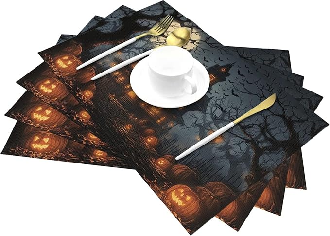 Halloween Horror Castle Placemats Set of 4 Washable Table Place Mats for Dining Kitchen Party Decor