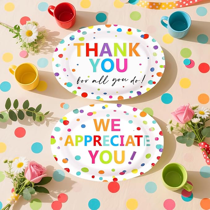 Grencian 50Pcs Thank You Oval Paper Plates 10" x 12" Large Heavy Duty We Appreciate You Paper Plates We Will Miss You Platter for Christmas Volunteer Employee Teacher Doctor Appreciation Party Decor