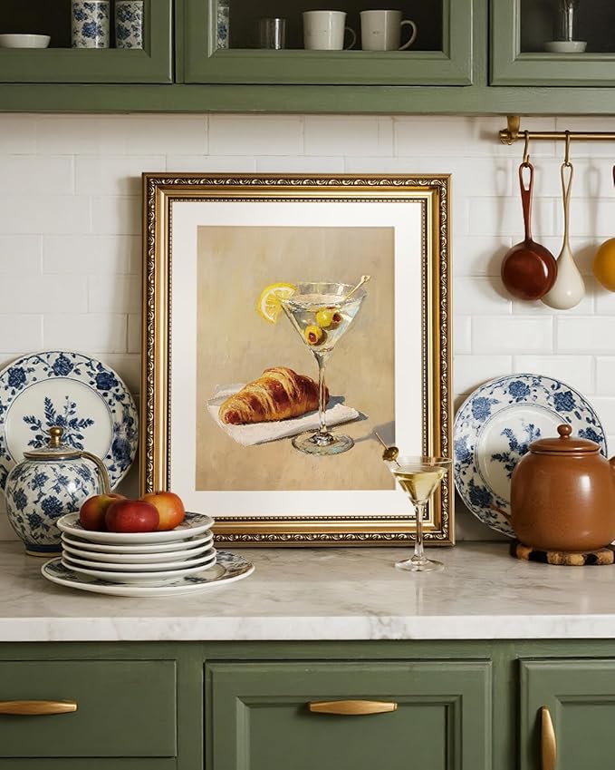 InSimSea Gold Framed Wall Art, Kitchen Dining Room Vintage Cocktail Martini Croissant Wall Shelf Decor, Still Life Canvas Print Art, Home Bar Decor, Antique Paintings with Picture Frame 13x16inch