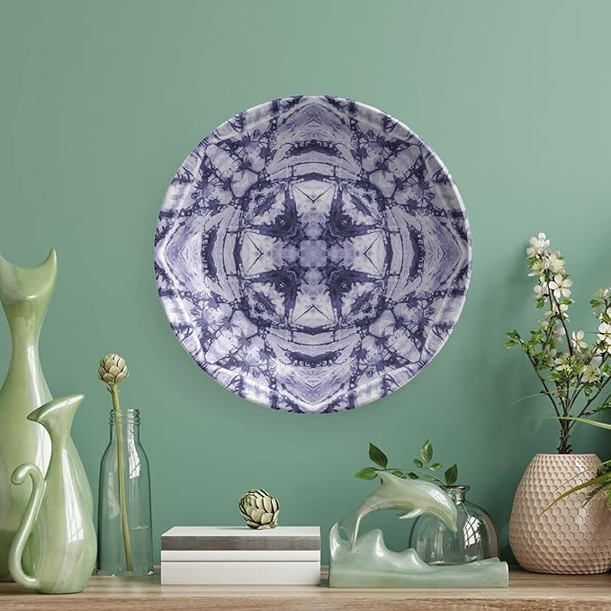 Ceramic Display Plate, Abstract Ceramic Hanging Decorative Plate, Modern Art Generated Resisting Twisting Fractal, 7 Inch, Living Room Kitchen Decoration Household, Lavender Blue Indigo