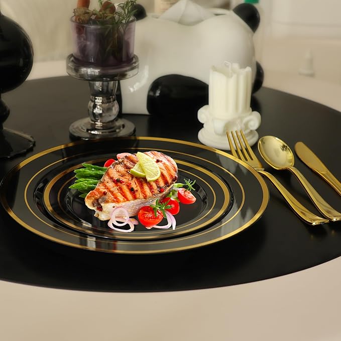 100 PCS Black and Gold Plastic Plates,Disposable Party Black Plates Include 50 10 inch Dinner Plate and 50 7 inch Dessert Plate,Gold Rimmed plates Perfect for Party Holiday,Birthday