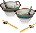 HENXFEN LEAD Japanese Ramen Noodle Bowl Set of 2-30 Oz Large Porcelain Salad Bowls with Chopsticks, Soup Spoons and Rests, Kitchen Serving Dishes for Pho, Udon - Reactive Green