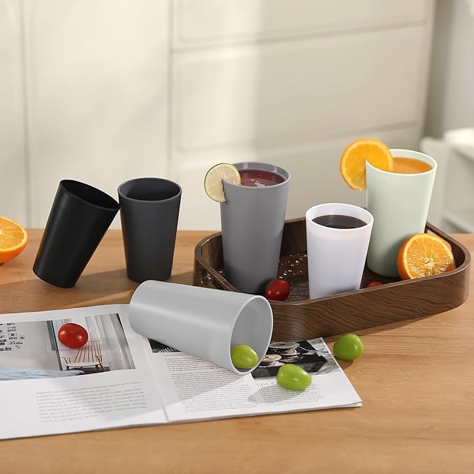 24 Pcs Unbreakable Plastic Cups Set, 20 oz Reusable Plastic Cups, Stackable Water Tumblers, Drinking Cup for Kitchen, Outdoor, BPA-free, Dishwasher Refrigerator and Microwave Safe, Beige