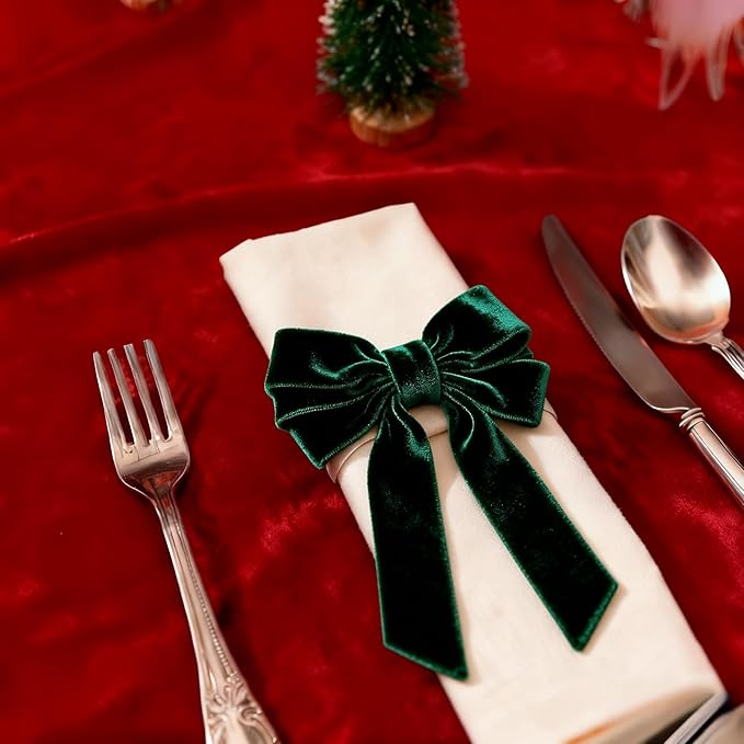 Dark Green Velvet Bow Napkin Rings Set of 12 - Luxury Soft Velvet Napkin Holders, Elegant Bow Design for Christmas Holiday Dinner Wedding Party Table Decor