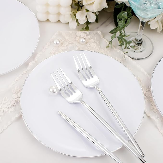 Rubtlamp 100Pcs Plastic Dessert Plates 7.5inch,100Pcs Disposable Silver Forks,White Plastic Plates With Silver Rim, Small Plastic Plates,Dessert Plates With Forks for Appetizer Cake
