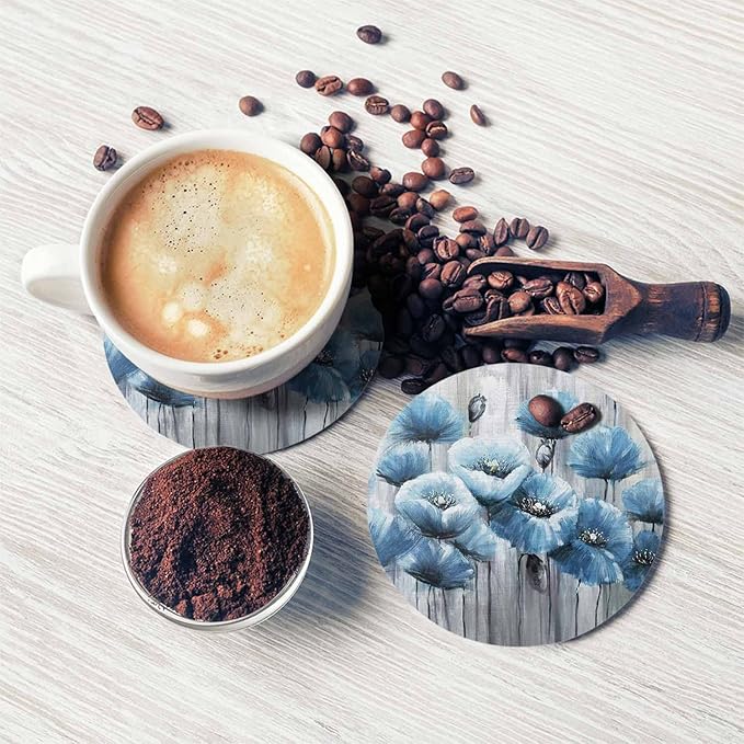 Blue Art Poppy Flowers Anti Slip Coasters Watercolor Oil Painting Beautiful Floral Cups Place Mats for Table Home Decor 4 Inches Living Room Kitchen Coffee Table,2 Pcs