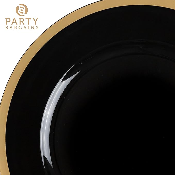 PARTY BARGAINS 13-Inch Charger Plates - 96 Pack, Black Gold Rim, Heavy-Duty Disposable Chargers for Elegant Dining - Ideal for Weddings and Formal Events