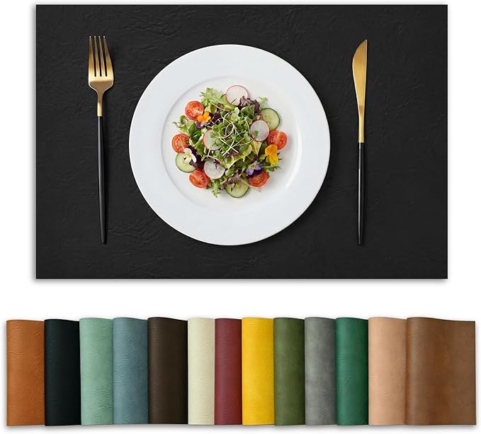 Artoid Mode Black Faux Leather Placemats Set of 6, 12x18 Inch Waterproof Wipeable Heat Resistant Vinyl Place Mats, Reversible Table Mats for Kitchen Dining Decor