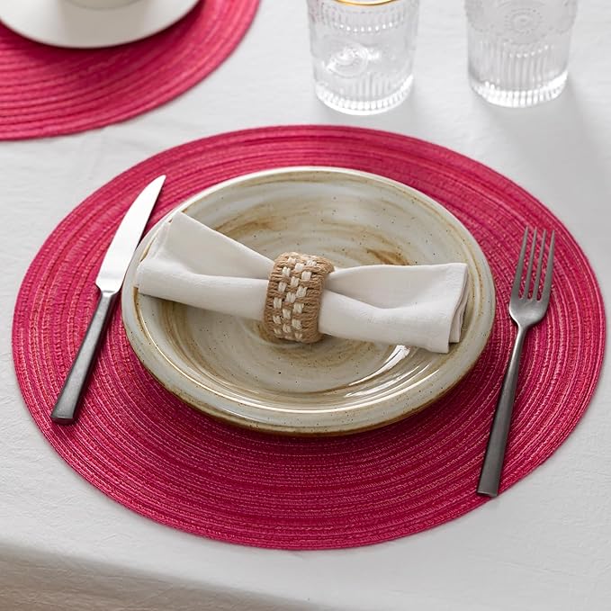Round Placemats Set of 6 Woven Placemats Washable Braided Table Mats for Dining Table Heat Resistant Non-Slip Circle Place Mats(Pink)