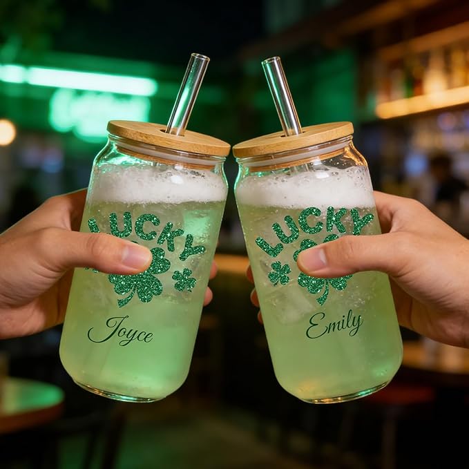 Mason Life St Patrick's Day Personalized Glass Tumbler, 18 OZ Cute Glass Cup with Lid and Straw, Lucky Clover Beer Can Glass, Personalized St.Patrick's Day Gift for Women Girls