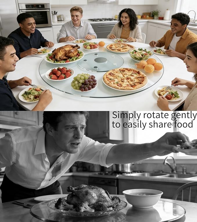 28" Glass Lazy Susan for Dining Table, Glass Turntable Table Centerpiece with 6 Rotating Wheels, 360° Smooth and Silent Spin Tabletop Rotating Tray, for Family Gatherings, Banquets, Weddings, 72 cm