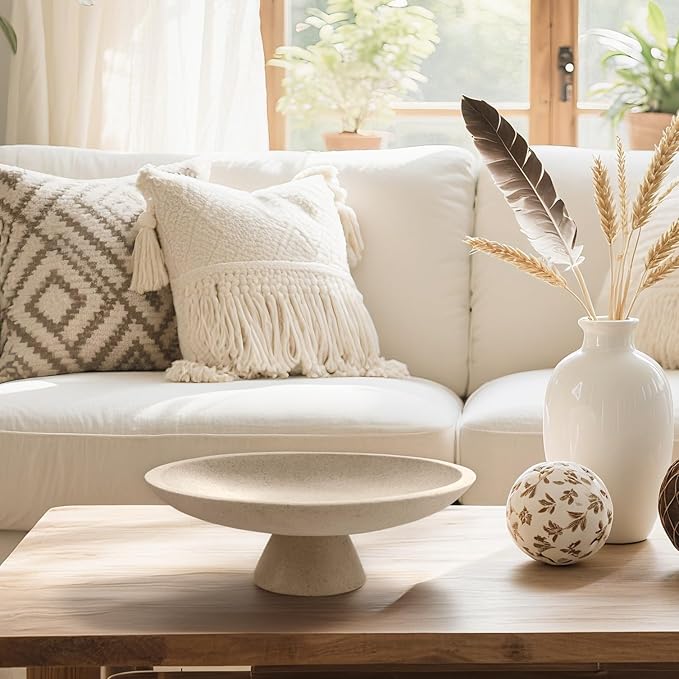 Large Modern Decorative Bowl for Home Decor Fruit Organic Catch All Key Kitchen Entryway Shelf Coffee Table With Pedestal,Artificial Stone Beige