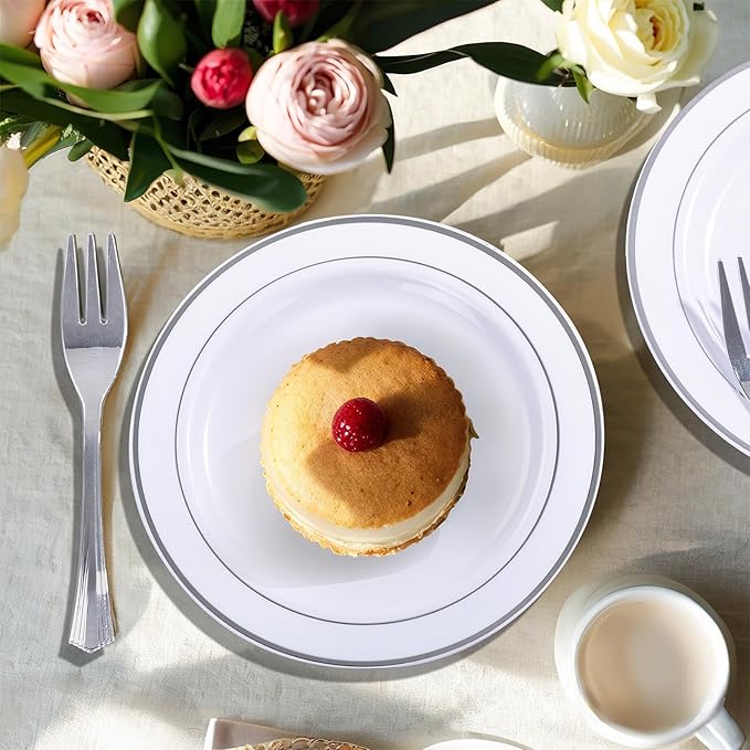 WELLIFE 240PCS Silver Plastic Dessert Plates - Includes 120PCS Silver Forks, 120PCS 6.3 Inch Salad & Appetizer Plates - Perfect for Wedding & Party