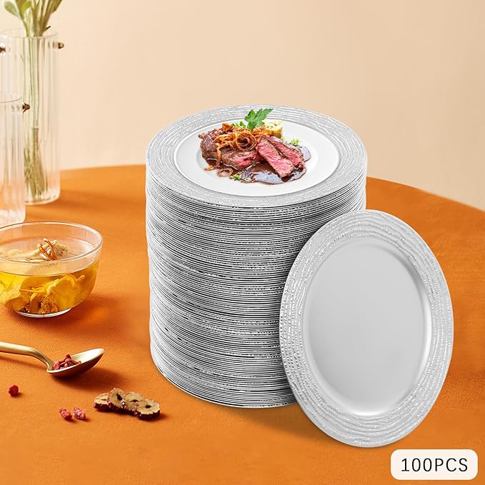 100 PCS Antique Charger Plates Bulk, 13 Inch Round Textured Edge Plastic Dinner Chargers, Bulk Plastic Charger Plates Set for Wedding, Party, Table Decor (Silver)