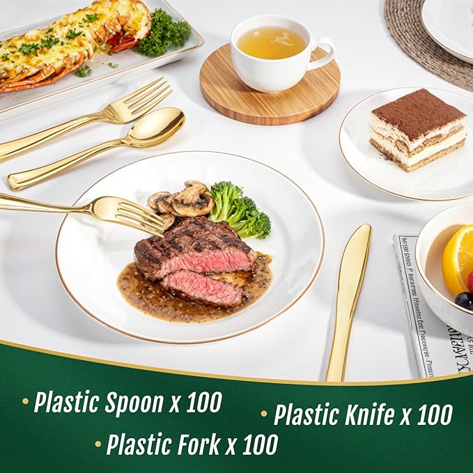 WDF300 Pieces Gold Plastic Silverware - Heavy Duty Disposable Cutlery Set Plastic Gold Silverware Set Includes 100 Forks, 100 Spoons, 100 Knives for Party Valentine’s Day