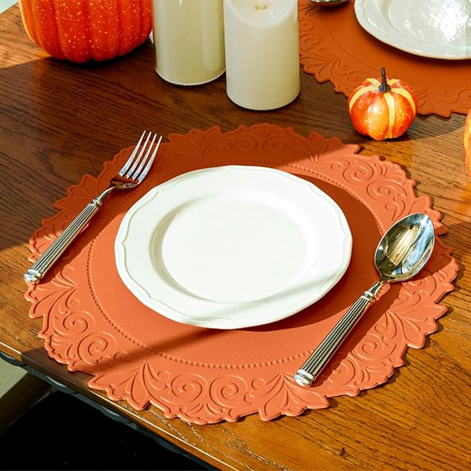 Noctiflorous Round Faux Leather 15 Inch Placemats Set of 6 Waterproof Wipeable Heat Resistant Tablemat for Dining Table Kitchen Non Slip Washable Oilproof Table Place Mat(Pumpkin Orange, 6)