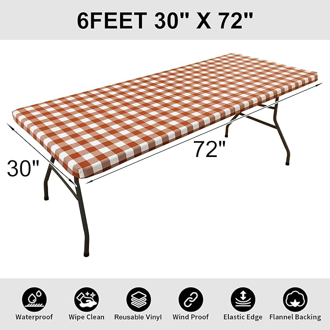 Smiry Rectangle Picnic Table Cloth, Elastic Waterproof Fitted Vinyl Tablecloths, Flannel Backed Buffalo Plaid Table Covers for Dining, Camping, Outdoor, Thanksgiving (White and Rust, 30" x 72")