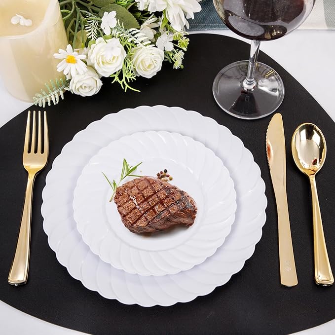 U-QE 100 Pieces White Plastic Plates - Premium White Disposable Plates for Wedding and Party Use Including 50PCS 9 '' Dinner Plate & 50PCS 6.5 '' Dessert Plate