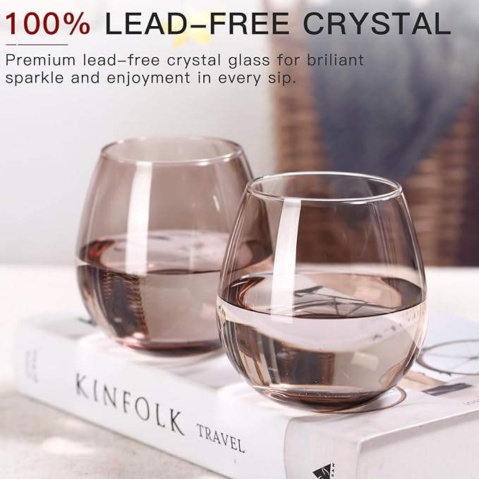 Colored Stemless Wine Glasses Set of 6-15 oz -Modern Hand-Blown Wine Glasses, European Design Crystal Glass For Red & White Wine, Unique Gifts for Wedding, Birthday(Smokey Grey)