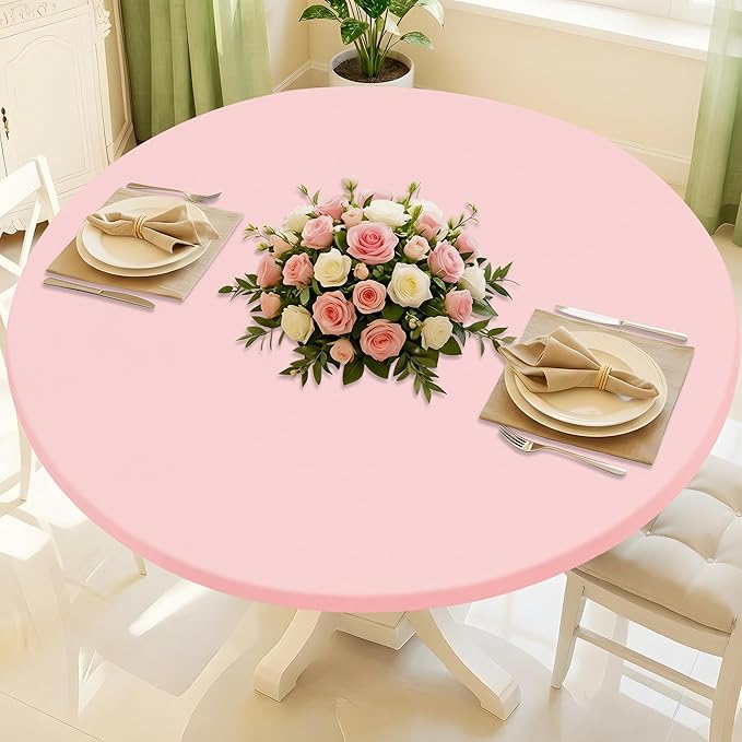 Round Spandex Valentines Day Tablecloth, Elastic Fitted Waterproof Tablecloths for 45"-56" Tables, Stretch Washable Picnic Table Cover for Camping, Dining, Indoor and Outdoor, Pink