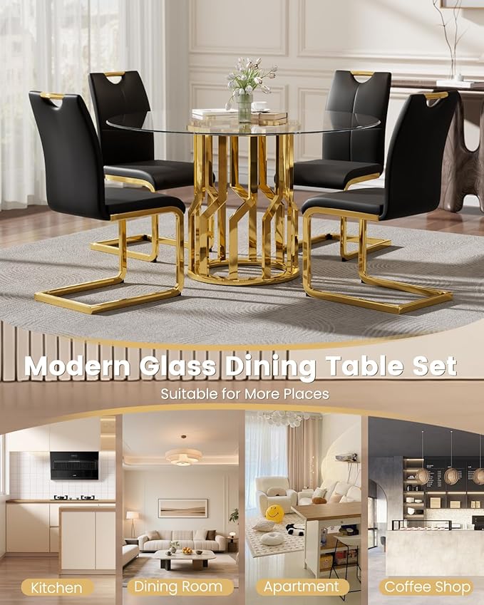 47.2" Round Glass Dining Table Set for 4, Modern 5 Piece Kitchen Table Set with Gold Stainless Steel Base & 4 PU Leather Accent Chairs, Saving Space, Dining Set for Apartment, Home - Black Chair