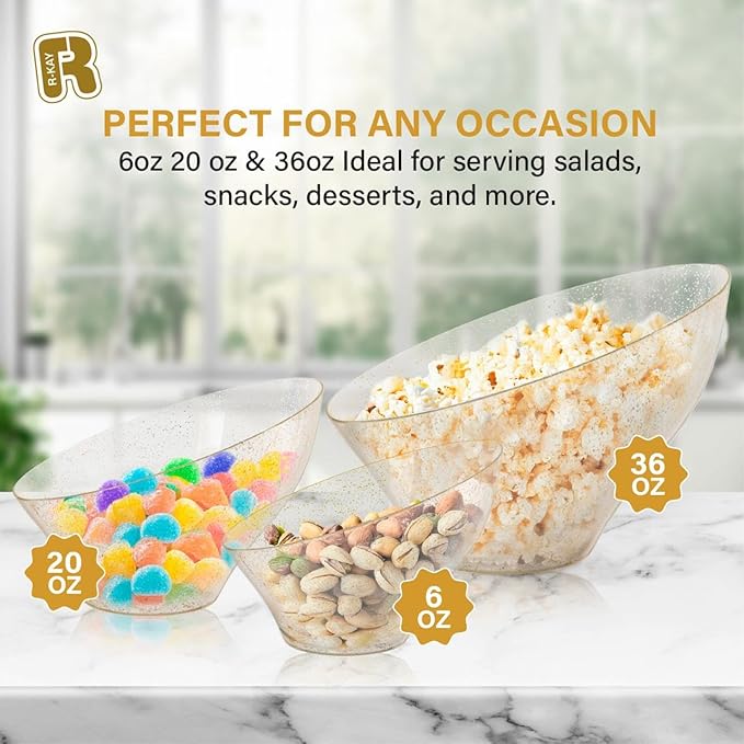 R-kay 6 Pack Glitter Angled Candy Bowls - Gold Plastic bowls 20 Oz - Premium Gold Plastic Serving Bowls Disposable Heavy Duty For Weddings Catering, parties, And All Occasions