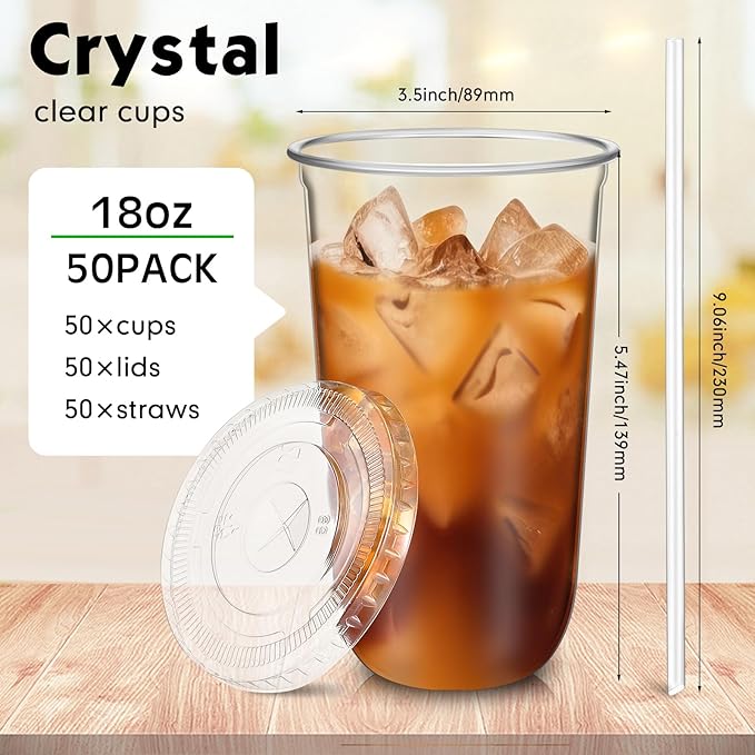 50 Sets Clear Plastic Cups with Lids and Straws, Disposable Iced Coffee Cups Drinking PET for Cold Drinks, Juice, Smoothie, Coffee Shops, Party, Christmas(Clear,18 oz)