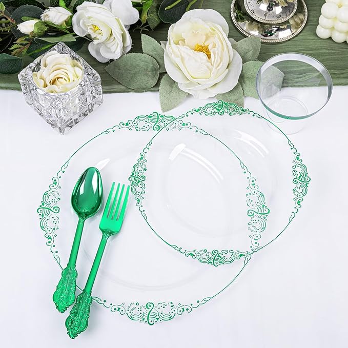 Hioasis 175pcs Clear and Green Plates - Green Party Plates for 25 Guest, Include 50 Heavy-duty Plates(20% Thicker Than Standard), 25 Pre Rolled Gold Plastic Silverware Set, 25 Cups for St. Patrick's D