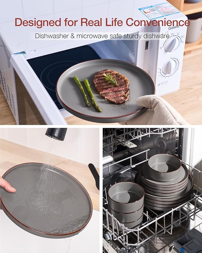 Famiware Nebula Ridge Stoneware Dinnerware Sets for 6, Plates and Bowls Sets, 18 Pieces Dishes Set, Microwave and Dishwasher Safe Kitchen Plates, Dark Gray