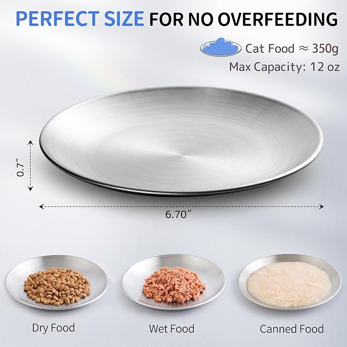 304 Stainless Steel Cat Plates for Wet food, 6.7" Shallow/Wide Whisker Friendly Cats Food Bowls, Non-Slip Silicone Base,Easy to Clean Indoor Cat Feeding Dishes, 2 Pack