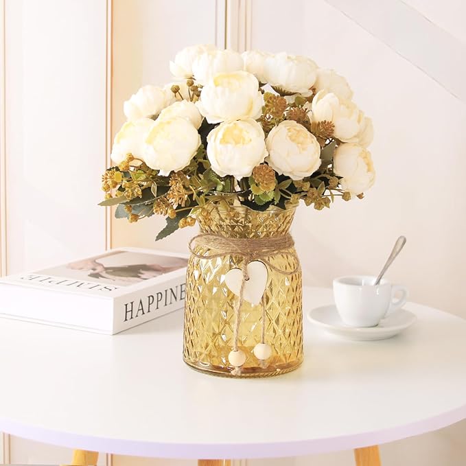 Faux Flowers in Vase,Fake Flowers in Vase 21 Pcs Faux Peony Flowers,Artificial Flowers for Home Decor, Indoor Centerpiece for Living Room & Dining Table (White)