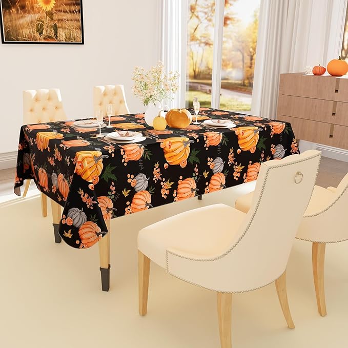 Smiry Fall Rectangle Table Cloth, Waterproof Vinyl Tablecloth with Flannel Backing, Wipeable Autumn Pumpkin Plastic Tablecloths for Harvest and Thanksgiving Parties, (60"x120", Black & Orange)