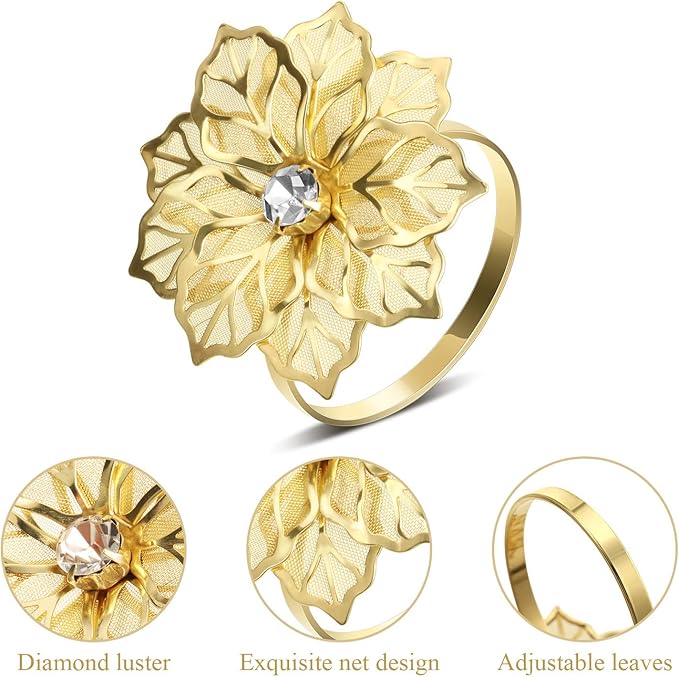 Hotop 70 Pcs Gold Napkin Rings Flower Napkin Holders Buckles Hollow Out Rhinestone Christmas Delicate Serviette Buckles for Thanksgiving Party Gathering Dinner Wedding Banquet Holiday Table Decor