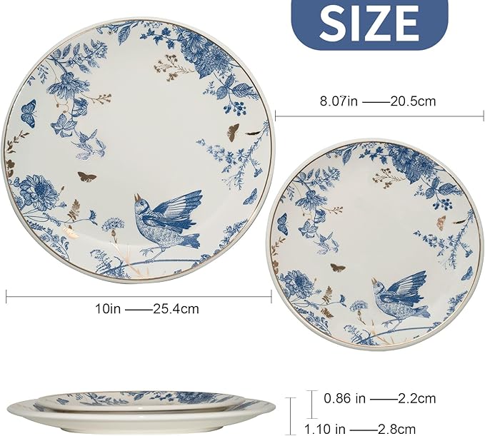 Porcelain Floral Plates Ceramic 8 Inch & 10 Inch Ceramic Plates 4 Pieces, Dessert Plate Blue and White, Salad Plate Set, Floral Dinnerware Set for Kitchen, Dinner Plate for Cake Snacks Side Dish