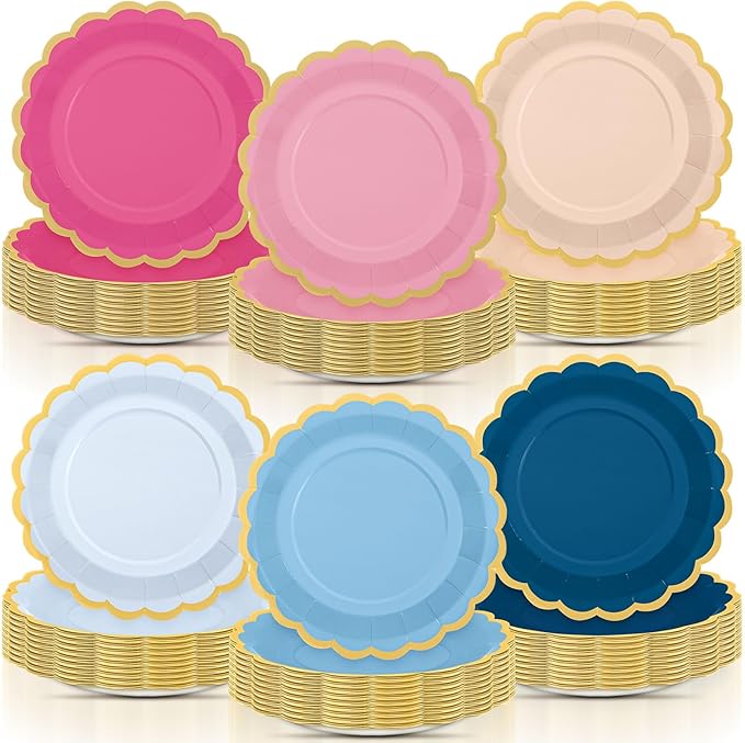 96 Pcs Pink Rose Navy Blue Paper Plates 9 Inch Gradient Scalloped Paper Plates Disposable Dinner Dessert for Birthday Wedding Bridal Party Supplies, 6 Colors