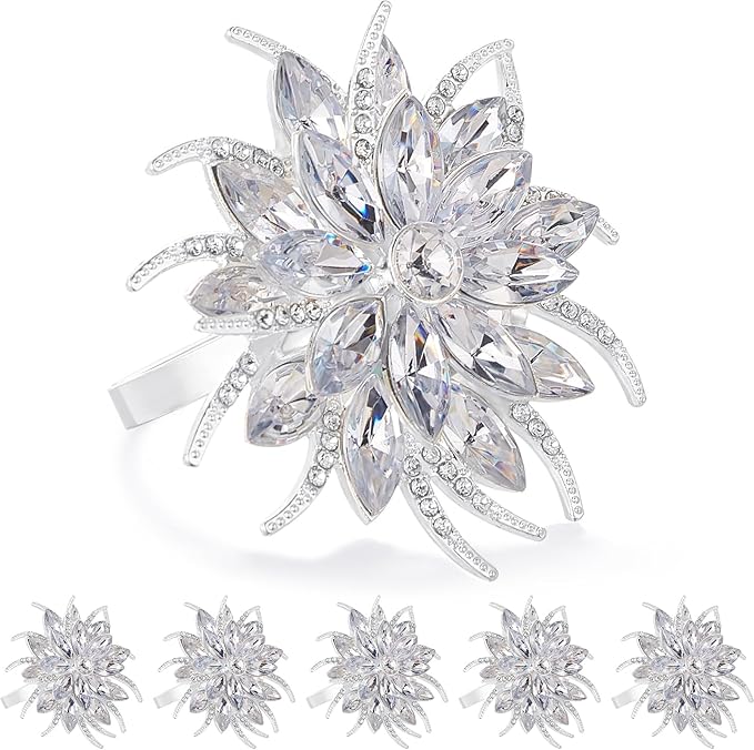 ZeeDix Christmas Flower Napkin Rings Set of 6, Silver Lotus Elegant Rhinestone Napkin Ring Serviette Buckles Holder for Wedding Birthday Christmas Holiday Party Home Kitchen Dinner Table Decoration