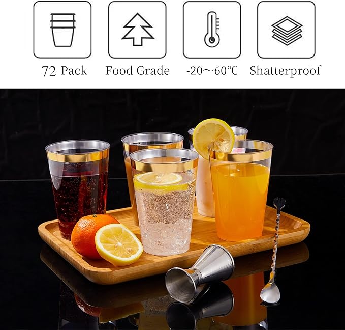 N9R 72PCS Gold Plastic Cups, 12OZ Clear Plastic Cups with Gold Rim, Disposable Cups Perfect for Parties, Wedding and Birthday