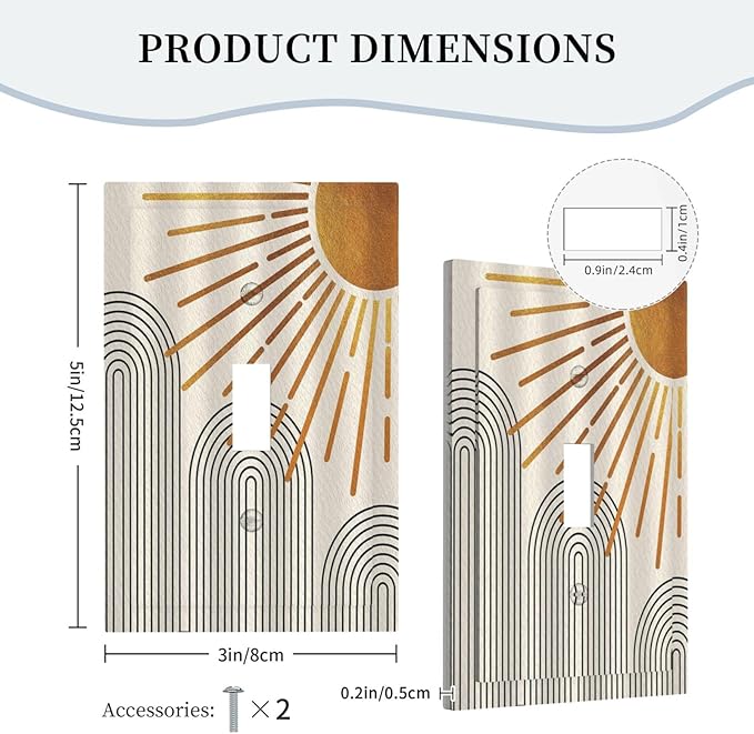 Decorative Light Switch Cover Mid Century Boho Sun Beige Minimalist Abstract 1 Gang Wall Plate Cover Single Toggle Outlet Covers Switchplate Electrical Faceplate for Bathroom Bedroom（2 Pack）