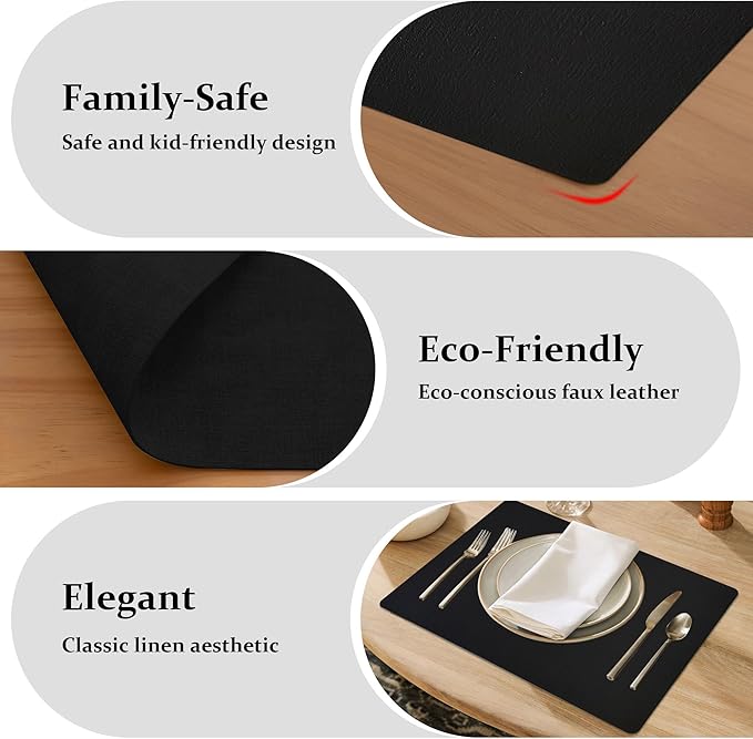 FROMHEART Faux Leather Placemats Set of 8–Waterproof,Heat/Oil Stain-Resistant PU Table Mat–Reversible,Non-Slip,Easy to Clean Place Mats for Kitchen,Dining,Indoor/Outdoor,(Black,11.8" x 17")