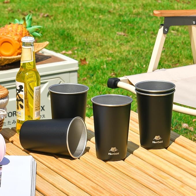 8 Pack Stainless Steel Cups 16oz -Black Stackable Metal Drinking Glasses for Camping, Travel, Shatterproof Tumblers