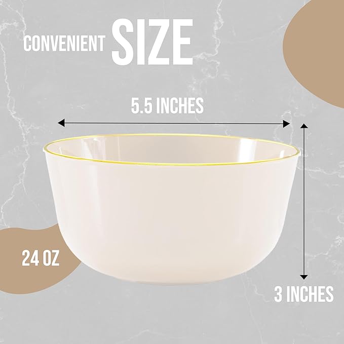Trendables 24 oz Plastic Bowls Set - Fancy Serving Bowls - Perfect for Ice Cream, Salad, Candy - Disposable (10, Cream Gold Rimmed)