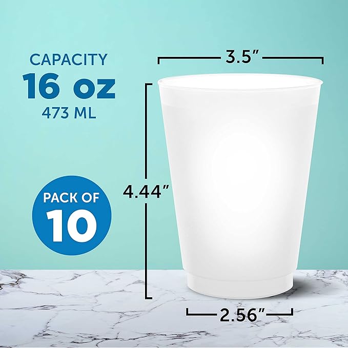 DISCOUNT PROMOS Frosted Plastic Stadium Cups, 10 pack, 16 oz. Shatterproof Flexible Reusable Party Cups, Pearl White