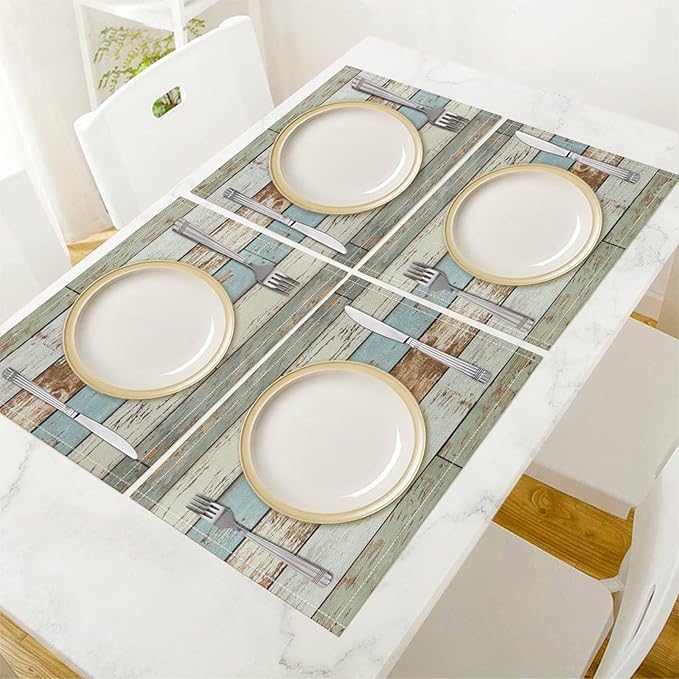 Rustic Plank Placemat Set, Vintage Old Shabby Colorful Beige Green Blue Farmhouse Barn Wooden Board Pattern Home Decor Linen Table Mats for Dining Room Kitchen Party (17x12in) x2P