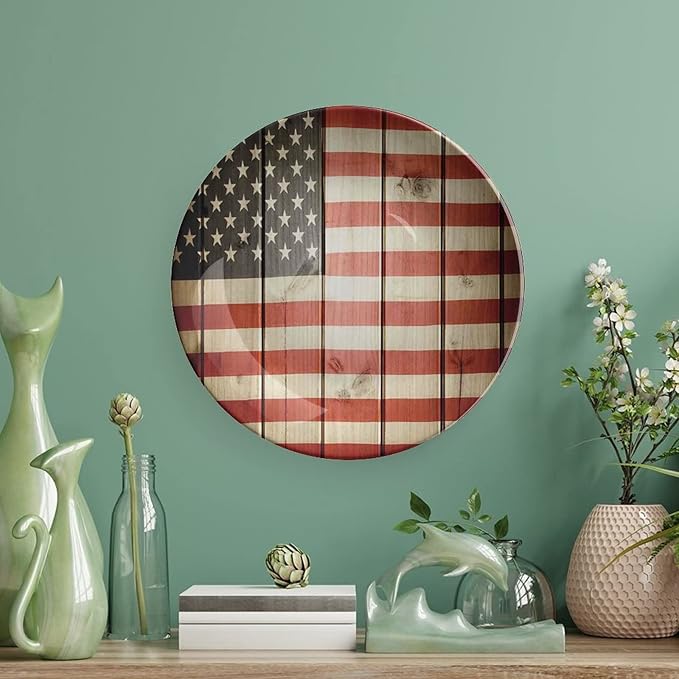 Ceramic Display Plate, American Flag Decor Ceramic Hanging Decorative Plate, USA Flag Over Vertical Striped Wooden Board, 6 Inch, Household Custom Ceramic Plate, Blue Red