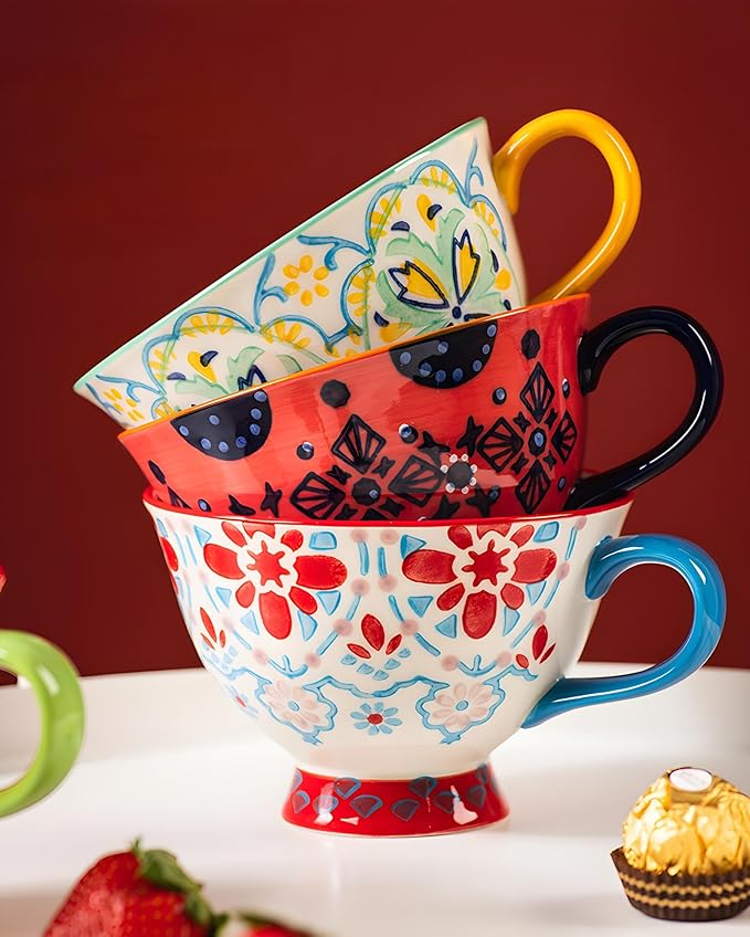 25oz Ceramic Soup Bowl with Handle – Handcrafted Floral Pottery Cereal & Ramen Bowl – Large Microwave & Dishwasher Safe Decorative Bowl for Everyday Use or Gift (Crimson Frost, 17oz)