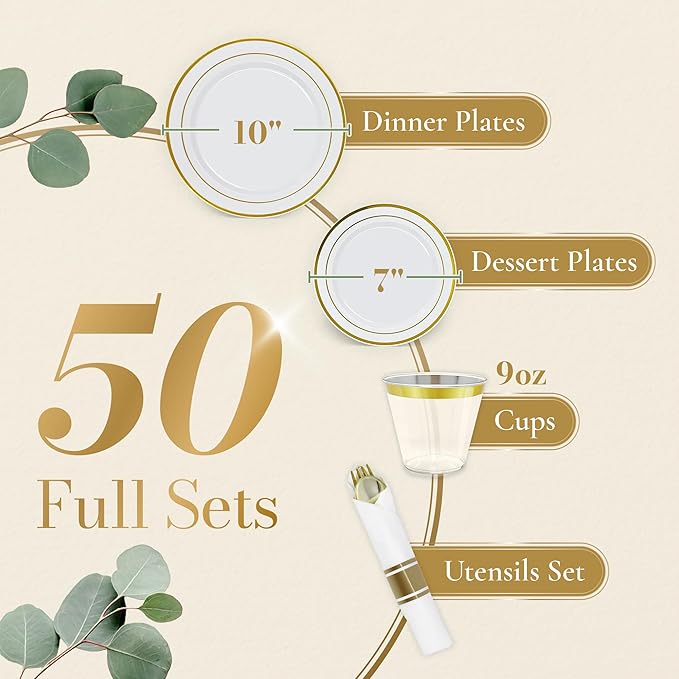 Reli. Plastic Plates for Party | 350 Pieces | White w/Gold Rim | Plates and Napkins Party Supplies | Disposable Dinnerware Set for 50 Guests | Dinner & Dessert Pack, Pre-Rolled Gold Cutlery Set, Cups