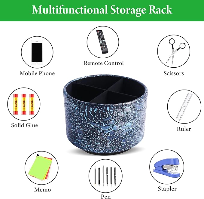 Round Leather Art Supply Organizer,Remote Control Holder,360 Degree Spinning,Multi-Functional Pencil Holder,4 Compartments Desktop Stationary Organizer(1-Rich Flower Blue)