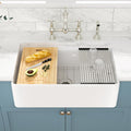 Sarlai 33 White Farmhouse Kitchen Sink - 33x20 Inch Farm Kitchen Sink Ledge Workstation White Ceramic Porcelain Fireclay Farmer Sinks 10" Inch Deep Single Bowl Basin with Assesory Kit