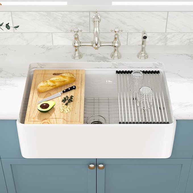 Sarlai 33 White Farmhouse Kitchen Sink - 33x20 Inch Farm Kitchen Sink Ledge Workstation White Ceramic Porcelain Fireclay Farmer Sinks 10" Inch Deep Single Bowl Basin with Assesory Kit